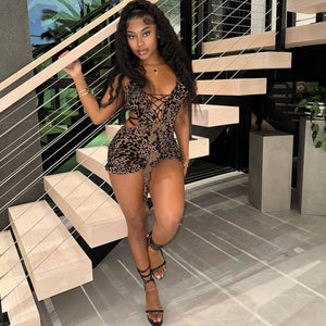 Printed Low-cut Hollow Out Lace-Up Romper