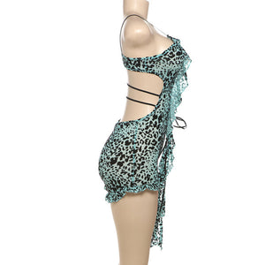 Printed Low-cut Hollow Out Lace-Up Romper