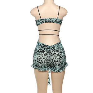 Printed Low-cut Hollow Out Lace-Up Romper