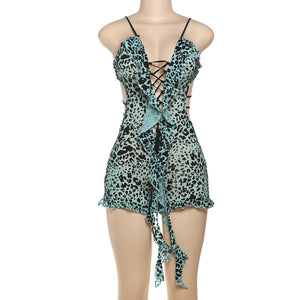 Printed Low-cut Hollow Out Lace-Up Romper