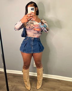 Fashion Denim Pleated Ultra-short Culottes