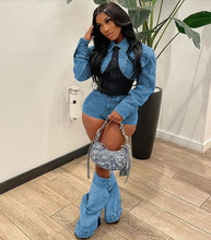 Load image into Gallery viewer, Casual Contrast Color Slim Denim Two Piece Shorts Set
