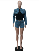 Load image into Gallery viewer, Casual Contrast Color Slim Denim Two Piece Shorts Set
