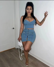 Load image into Gallery viewer, Sexy Denim Off Shoulder Tops And Skirts Two Piece Set
