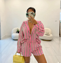 Load image into Gallery viewer, Long Sleeve Stripe Shirts Two Piece Shorts Set
