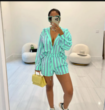Load image into Gallery viewer, Long Sleeve Stripe Shirts Two Piece Shorts Set
