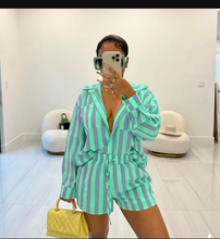 Load image into Gallery viewer, Long Sleeve Stripe Shirts Two Piece Shorts Set
