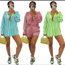 Load image into Gallery viewer, Long Sleeve Stripe Shirts Two Piece Shorts Set
