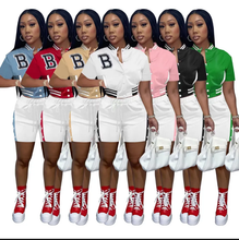 Load image into Gallery viewer, B Letter Print Patchwork Coat Two Piece Shorts Set
