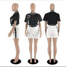 Load image into Gallery viewer, B Letter Print Patchwork Coat Two Piece Shorts Set
