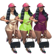 Load image into Gallery viewer, Solid O Neck Short Sleeve 2 Piece Shorts Set
