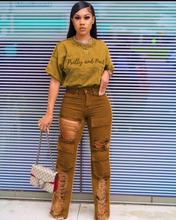 Load image into Gallery viewer, Letter Embroidery Holes Denim Two Piece Pants Set
