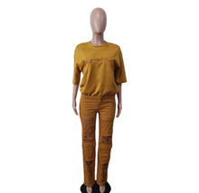 Load image into Gallery viewer, Letter Embroidery Holes Denim Two Piece Pants Set
