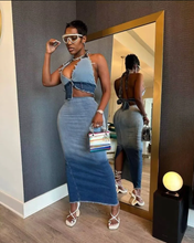 Load image into Gallery viewer, Halter Backless Gradient Color Denim Skirt Set
