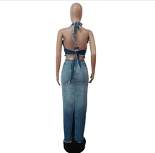 Load image into Gallery viewer, Halter Backless Gradient Color Denim Skirt Set
