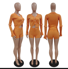 Load image into Gallery viewer, Single-breasted Striped Knit Two Piece Shorts Set
