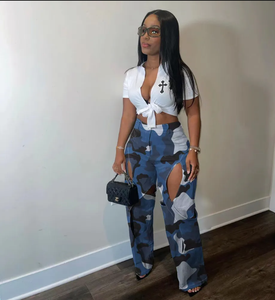 Camouflage Print Holes Straight Pants