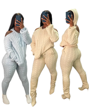 Load image into Gallery viewer, Solid Color Hooded Hollow Out Knit Two Piece Pants Set
