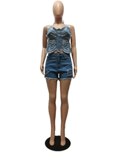 Load image into Gallery viewer, Denim Diamond Tie Up Top Shorts Two Piece Set
