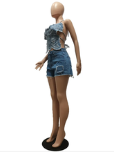 Load image into Gallery viewer, Denim Diamond Tie Up Top Shorts Two Piece Set
