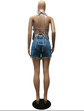 Load image into Gallery viewer, Denim Diamond Tie Up Top Shorts Two Piece Set
