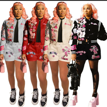 Load image into Gallery viewer, Fashion Print Baseball Coat And Shorts Two Piece Set
