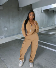 Load image into Gallery viewer, Irregular Zipper Hooded Sweatshirt And Pocket Pant Two Piece Set
