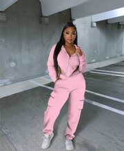 Load image into Gallery viewer, Irregular Zipper Hooded Sweatshirt And Pocket Pant Two Piece Set
