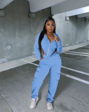 Load image into Gallery viewer, Irregular Zipper Hooded Sweatshirt And Pocket Pant Two Piece Set
