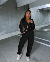 Load image into Gallery viewer, Irregular Zipper Hooded Sweatshirt And Pocket Pant Two Piece Set
