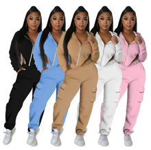 Load image into Gallery viewer, Irregular Zipper Hooded Sweatshirt And Pocket Pant Two Piece Set
