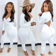 Load image into Gallery viewer, Solid V Neck Backless Drawstring Long Sleeve Jumpsuit
