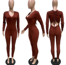Load image into Gallery viewer, Solid V Neck Backless Drawstring Long Sleeve Jumpsuit
