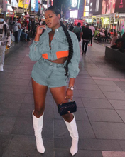 Load image into Gallery viewer, Denim Patchwork Long Sleeve Jacket And Shorts Two Piece Set
