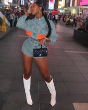 Load image into Gallery viewer, Denim Patchwork Long Sleeve Jacket And Shorts Two Piece Set
