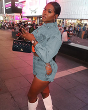 Load image into Gallery viewer, Denim Patchwork Long Sleeve Jacket And Shorts Two Piece Set
