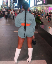 Load image into Gallery viewer, Denim Patchwork Long Sleeve Jacket And Shorts Two Piece Set
