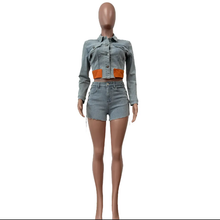 Load image into Gallery viewer, Denim Patchwork Long Sleeve Jacket And Shorts Two Piece Set
