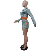 Load image into Gallery viewer, Denim Patchwork Long Sleeve Jacket And Shorts Two Piece Set
