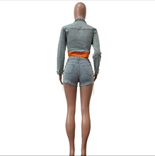 Load image into Gallery viewer, Denim Patchwork Long Sleeve Jacket And Shorts Two Piece Set
