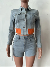 Load image into Gallery viewer, Denim Patchwork Long Sleeve Jacket And Shorts Two Piece Set

