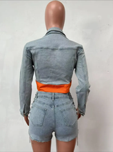 Load image into Gallery viewer, Denim Patchwork Long Sleeve Jacket And Shorts Two Piece Set
