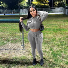 Load image into Gallery viewer, Solid Color Zipper Flap Pocket Sweatshirt Two-piece Suit
