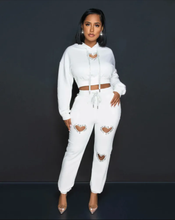 Load image into Gallery viewer, Heart Hollow Out Hot Drill Hooded Sweatshirt Pants Two Piece Set
