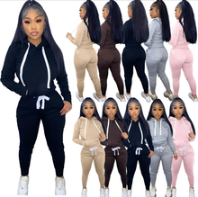 Load image into Gallery viewer, Fleece Solid Color Hooded Pocket Sweatshirt And Pants 2 Piece Set
