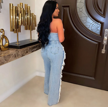 Load image into Gallery viewer, Wrap Chest Tassel Hole Denim Jumpsuit
