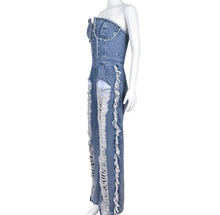 Load image into Gallery viewer, Wrap Chest Tassel Hole Denim Jumpsuit
