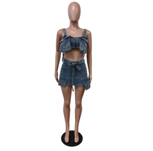 Load image into Gallery viewer, Fashion Denim Wrap Chest Vest And Skirt Two Piece
