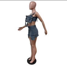 Load image into Gallery viewer, Fashion Denim Wrap Chest Vest And Skirt Two Piece
