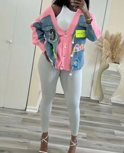 Load image into Gallery viewer, Denim Patchwork Cardigan Knit Sweater Coat
